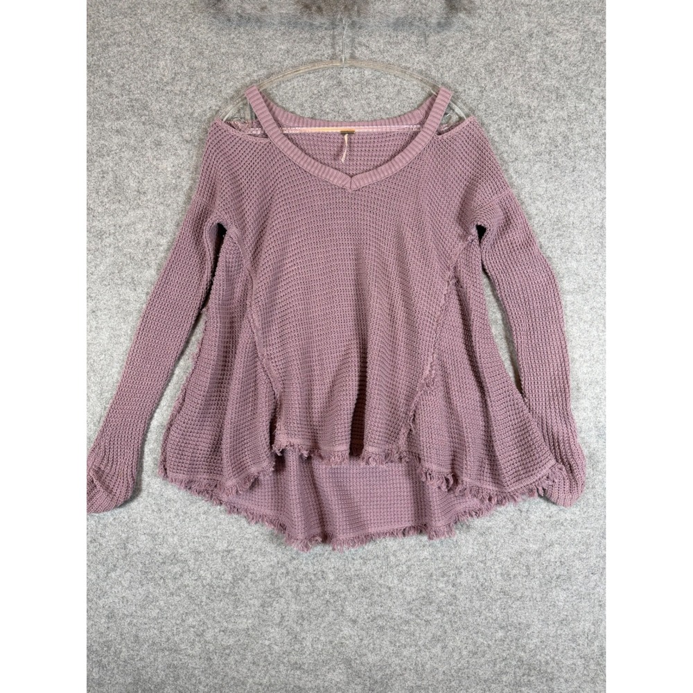 Free People Thermal Top Womens XS Purple Good Shoulder Cutout Fringe Waffle Knit